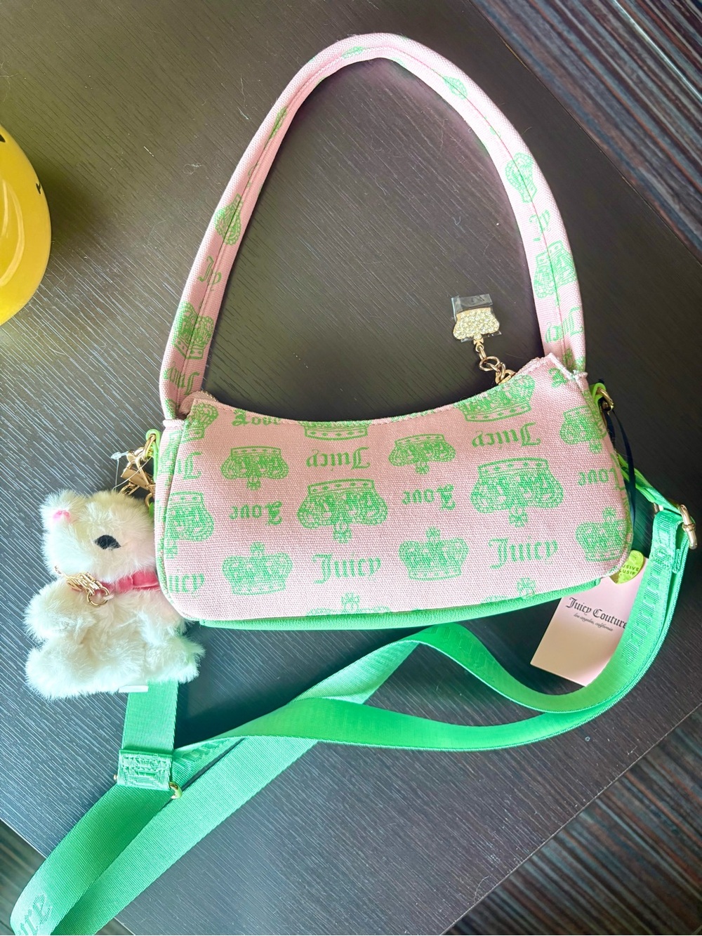 NWT Y2K 2000style Juicy Couture Pink & Green Mini Shoulder Bag with Plush Charm